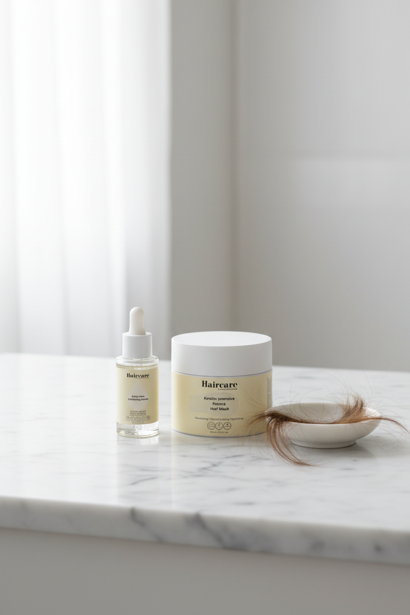 Scalp Care Exfoliating Serum and Keratin Intensive Rescue Hair Mask side by side on a white marble counter with a ceramic dish — scalp exfoliation and keratin hair repair bundle by Daily Health & Beauty