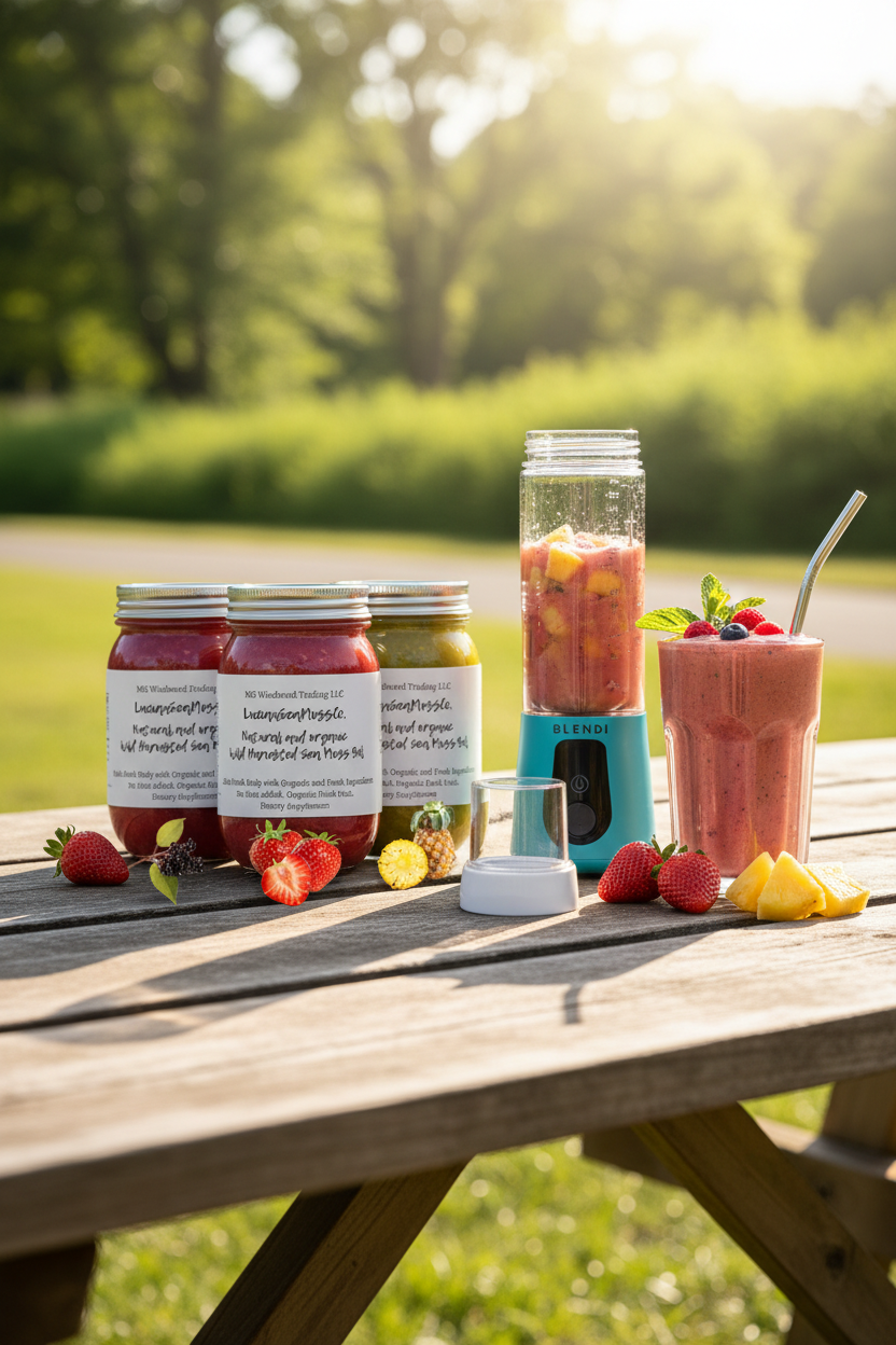 Seamoss Global sea moss gel jars and BLENDi Pro+ portable blender on an outdoor wooden picnic table with fresh strawberries and pineapple in natural sunlight — on-the-go sea moss smoothie bundle by Daily Health & Beauty