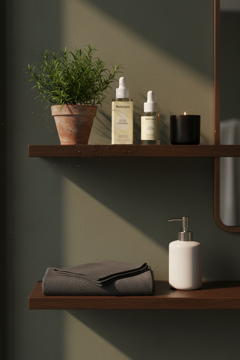 Scalp Care Exfoliating Serum and Rosemary Hair & Scalp Strengthening Oil on dark wood bathroom shelving with a potted rosemary plant and candle — premium scalp care bundle by Daily Health & Beauty