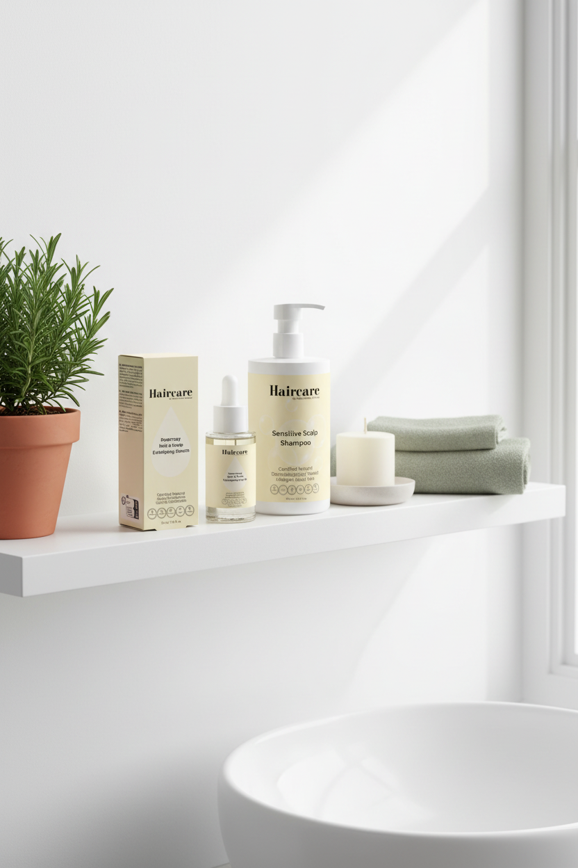 Scalp Care Exfoliating Serum, Sensitive Scalp Shampoo and Rosemary Oil styled on white floating bathroom shelves with a potted rosemary plant and linen towels — premium sensitive scalp care system by Daily Health & Beauty