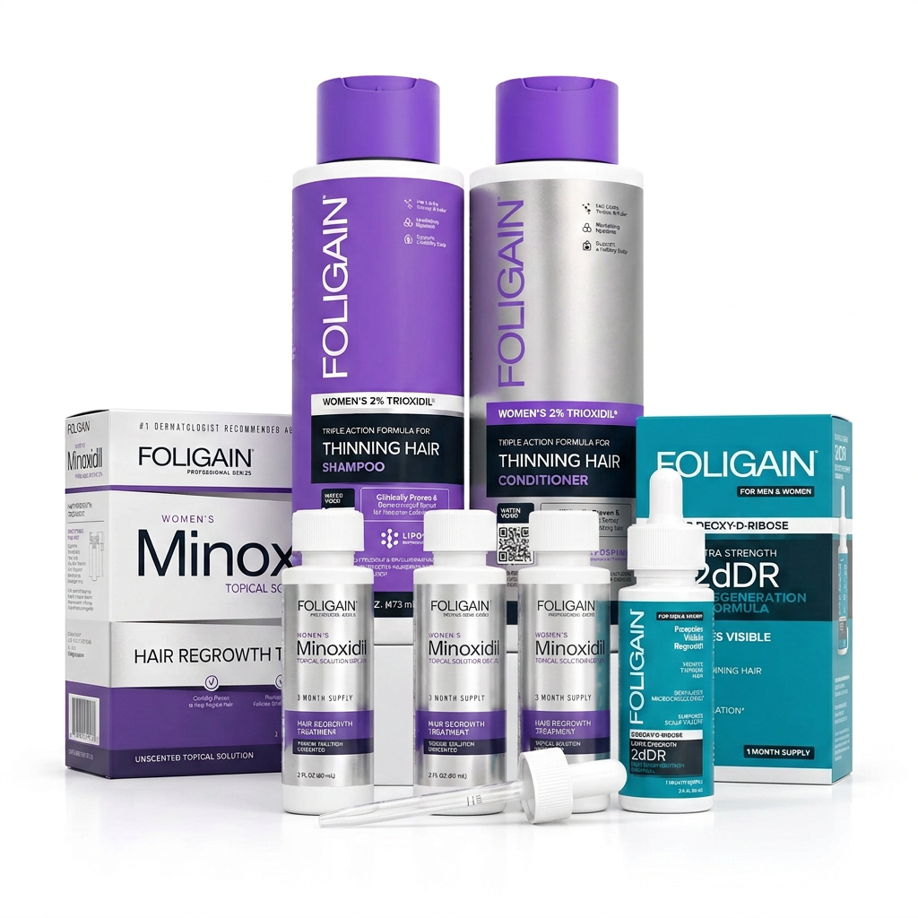 Women's FOLIGAIN bundle contents with three minoxidil bottles, loose dropper, teal 2dDR dropper bottle, shampoo, conditioner and cartons.