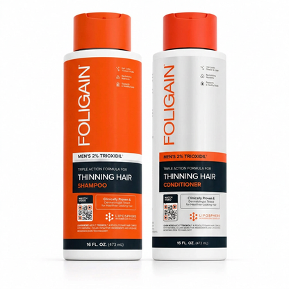FOLIGAIN men's Triple Action Shampoo and Conditioner with 2% TRIOXIDIL in 473 mL bottles.