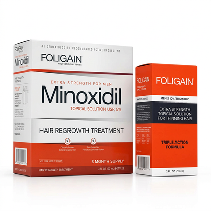 Boxed FOLIGAIN men's 5% minoxidil three-month supply beside men's 10% TRIOXIDIL Complete Formula.