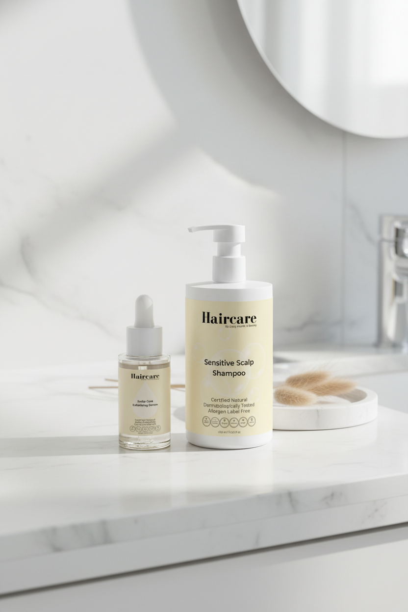 Scalp Care Exfoliating Serum and Sensitive Scalp Shampoo on a white marble counter beside a ceramic tray and dried botanicals — gentle scalp exfoliation and sensitive cleansing bundle by Daily Health & Beauty
