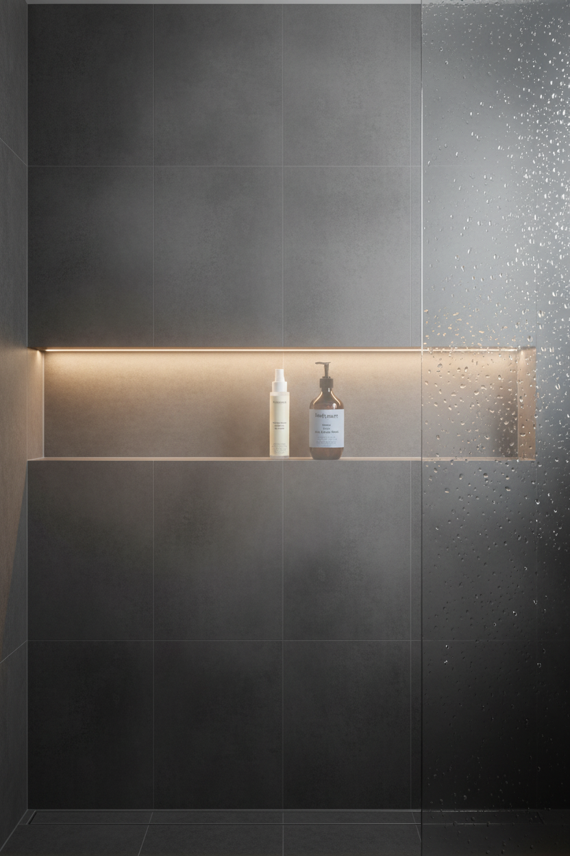 Keratin Shine Leave-In Hair Mist and Mens 2-In-1 Hair & Body Wash on a recessed shower niche shelf in a modern walk-in shower — men's keratin haircare and body wash bundle by Daily Health & Beauty