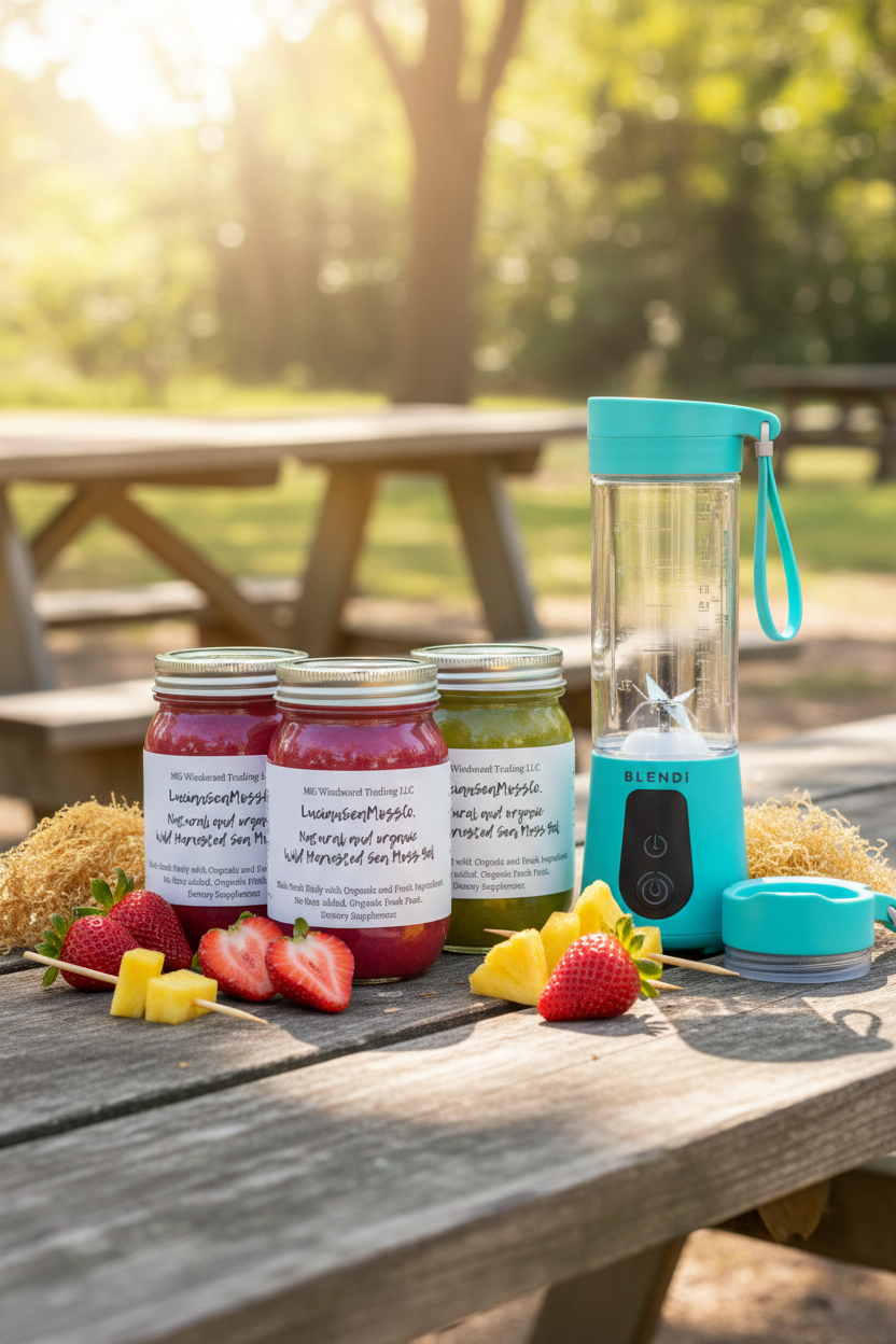 Sea moss gel jars, BLENDi Pro+ portable blender and Switchback Foods smoothie pouches on an outdoor wooden picnic table with fresh fruit in natural sunlight — on-the-go sea moss and smoothie bundle by Daily Health & Beauty