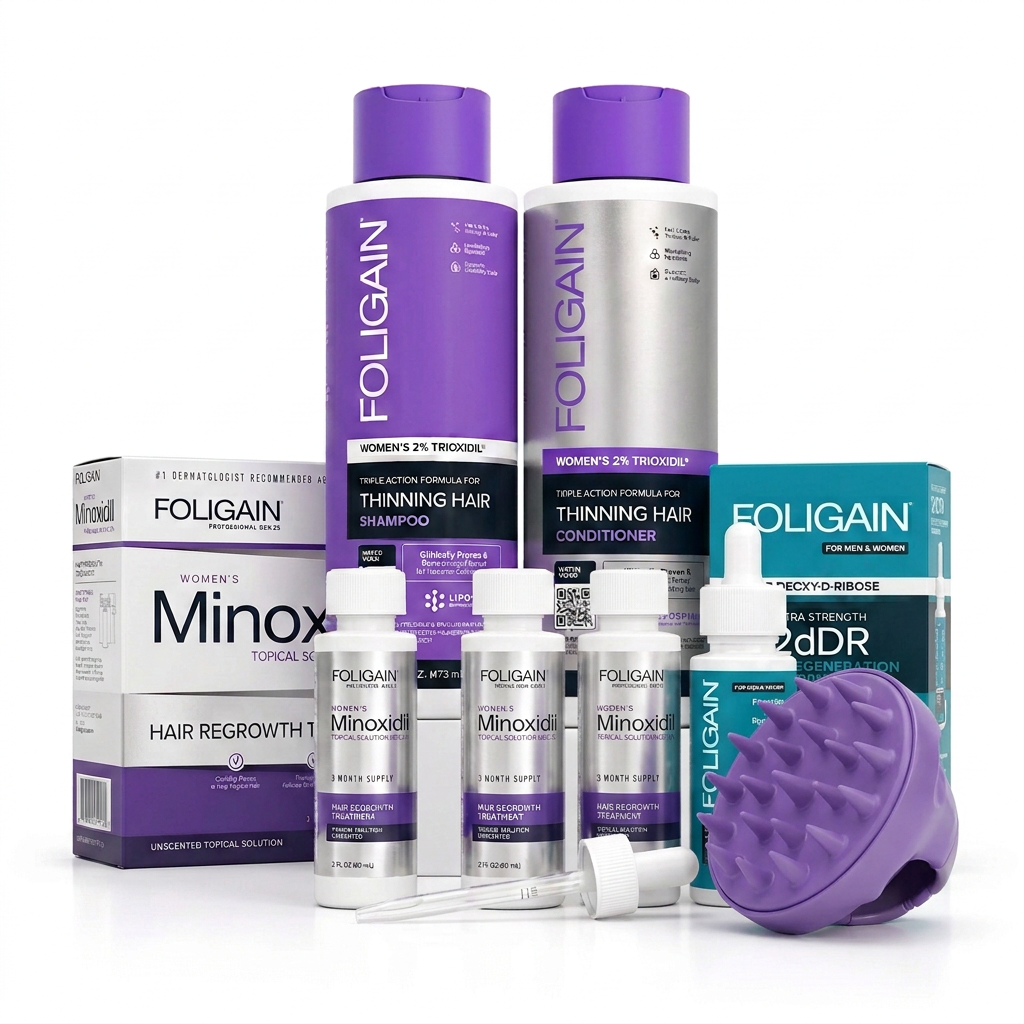 Women's FOLIGAIN bundle contents with three minoxidil bottles, loose dropper, teal 2dDR serum, shampoo, conditioner, cartons and purple scalp massager.
