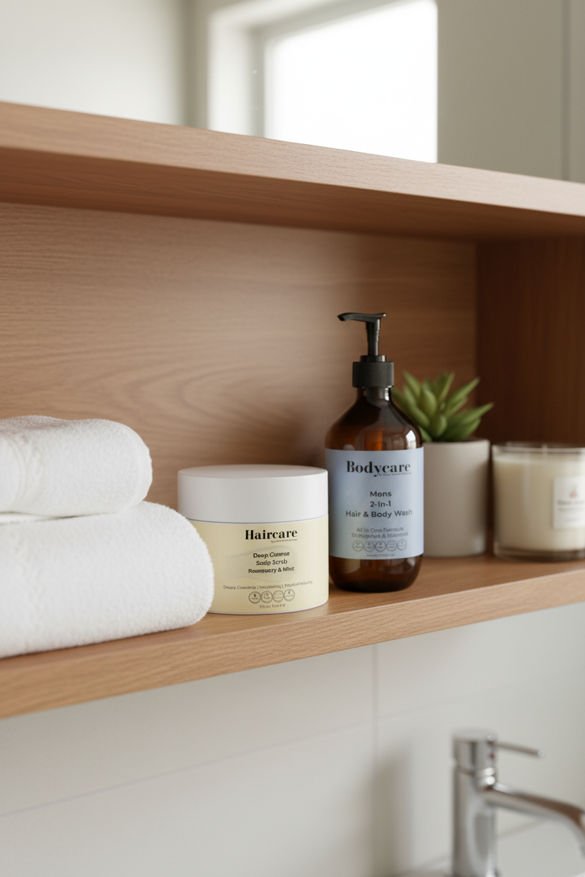 Deep Cleanse Scalp Scrub Rosemary & Mint and Mens 2-In-1 Hair & Body Wash styled on open bathroom shelving with towels and greenery — premium men's scalp care and grooming bundle by Daily Health & Beauty