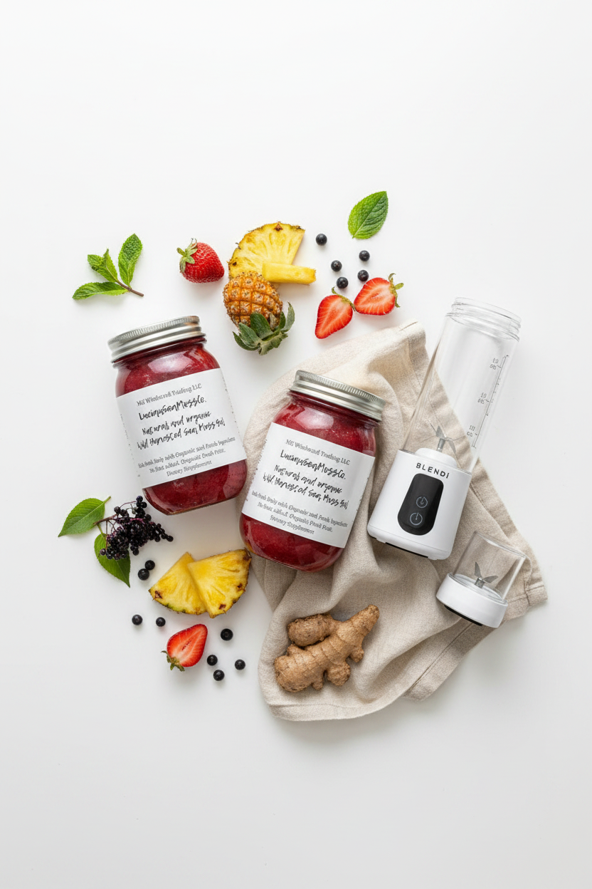 Flat lay of Seamoss Global fruit infused sea moss gel jars and BLENDi Pro+ portable blender with fresh fruit and green leaves on a white surface — sea moss best seller bundle and blender by Daily Health & Beauty