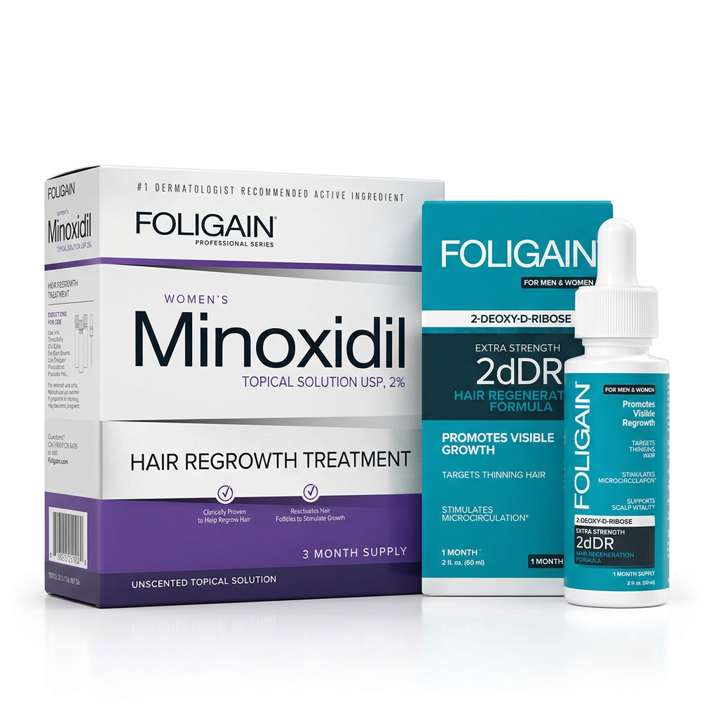 FOLIGAIN women's 2% minoxidil three-month carton beside the teal 2dDR serum carton and dropper bottle.
