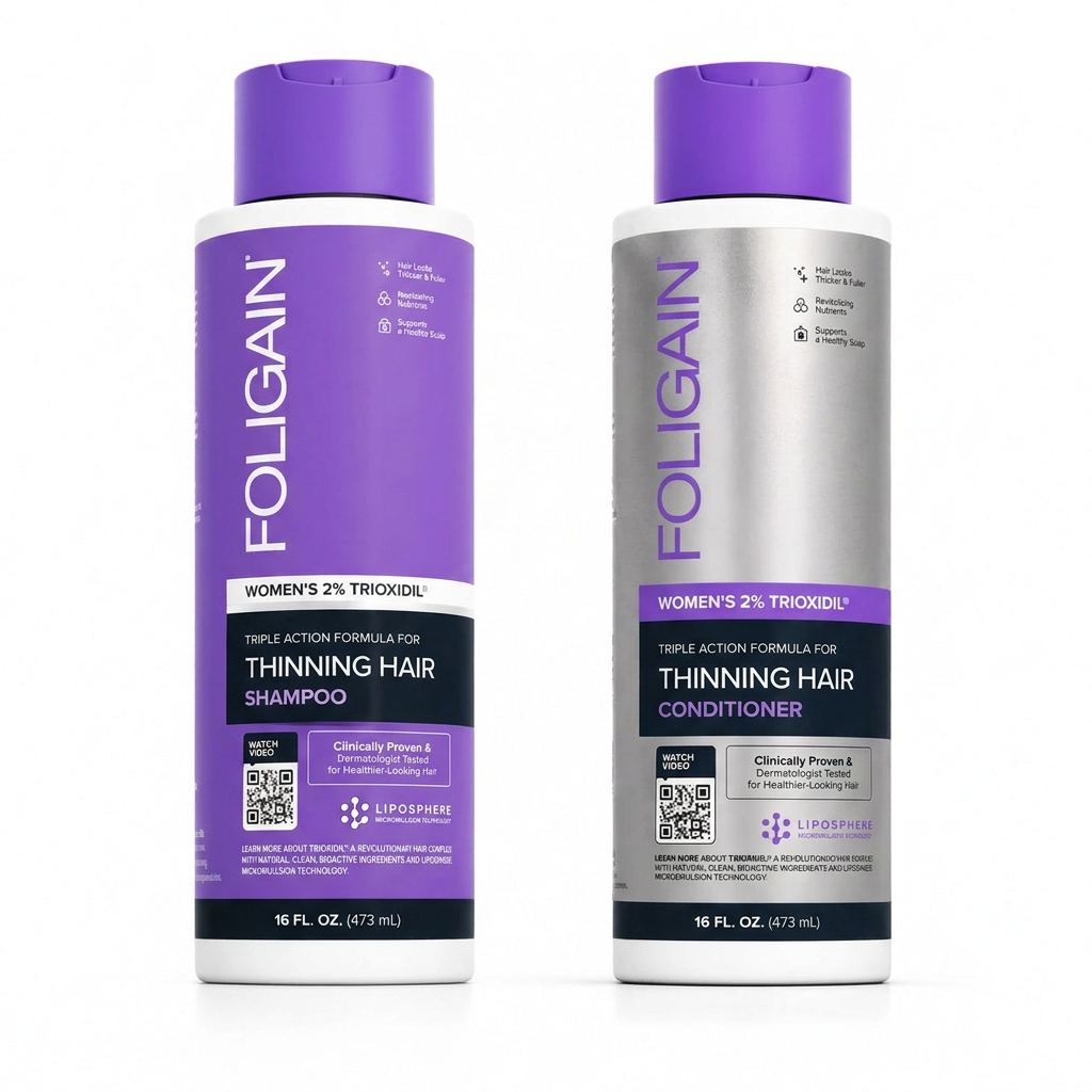 FOLIGAIN women's Triple Action Shampoo and Conditioner with 2% TRIOXIDIL in purple-capped 473 mL bottles.