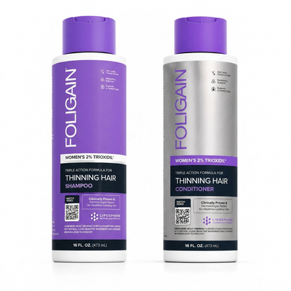 FOLIGAIN women's Triple Action Shampoo and Conditioner with 2% TRIOXIDIL in purple-capped 473 mL bottles.