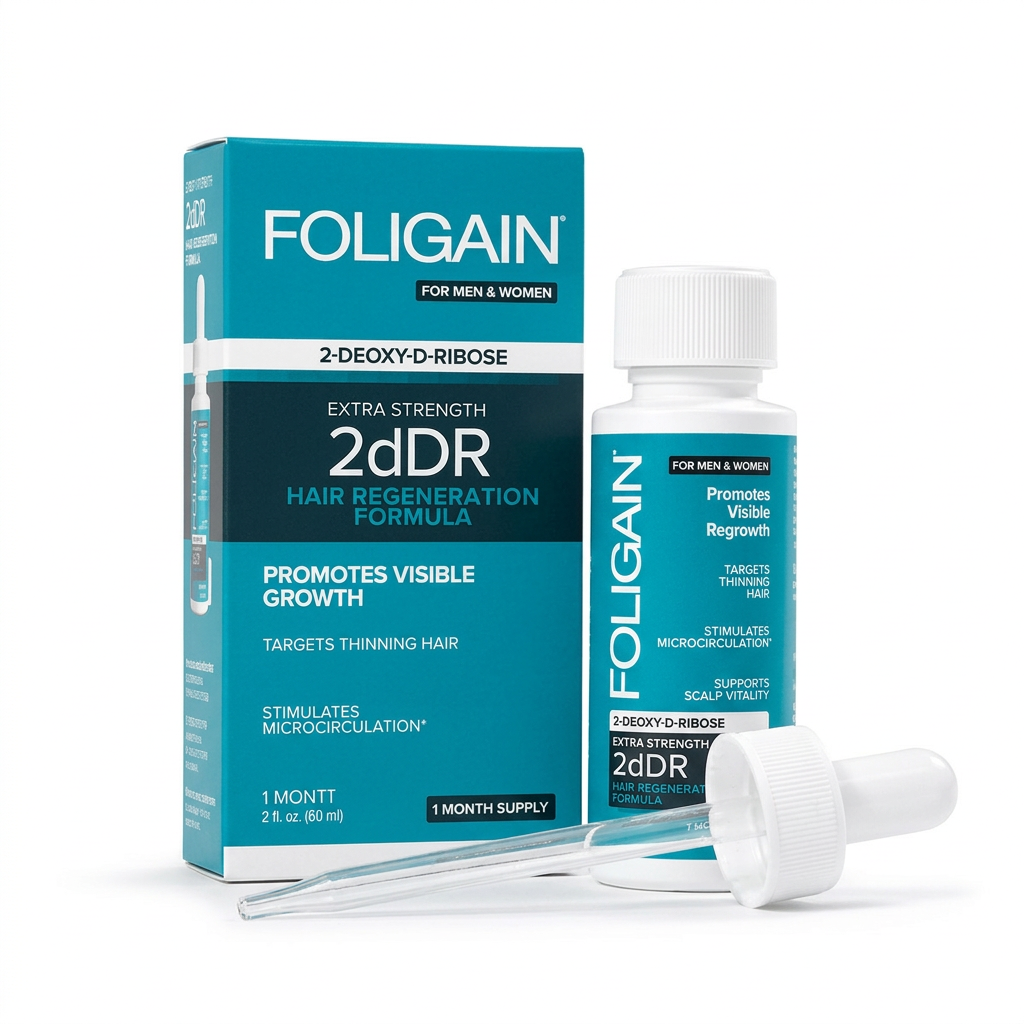 FOLIGAIN 2dDR Hair Regeneration Serum teal carton and bottle with glass dropper on a white background.