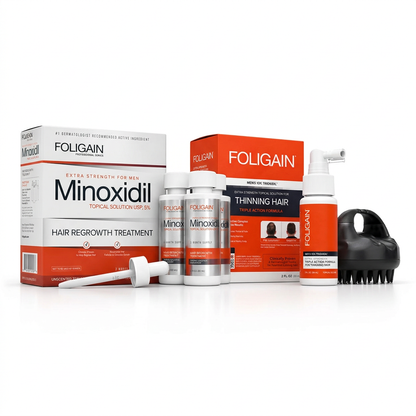 FOLIGAIN men's minoxidil and TRIOXIDIL boxes with bottles, dropper and black silicone scalp massager.