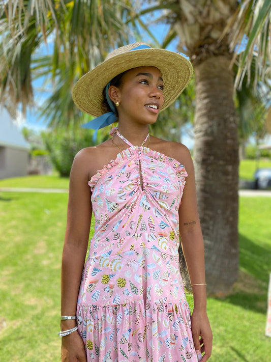 Zinnia Sun Hat - Wide & Short Coral Grosgrain Ribbon