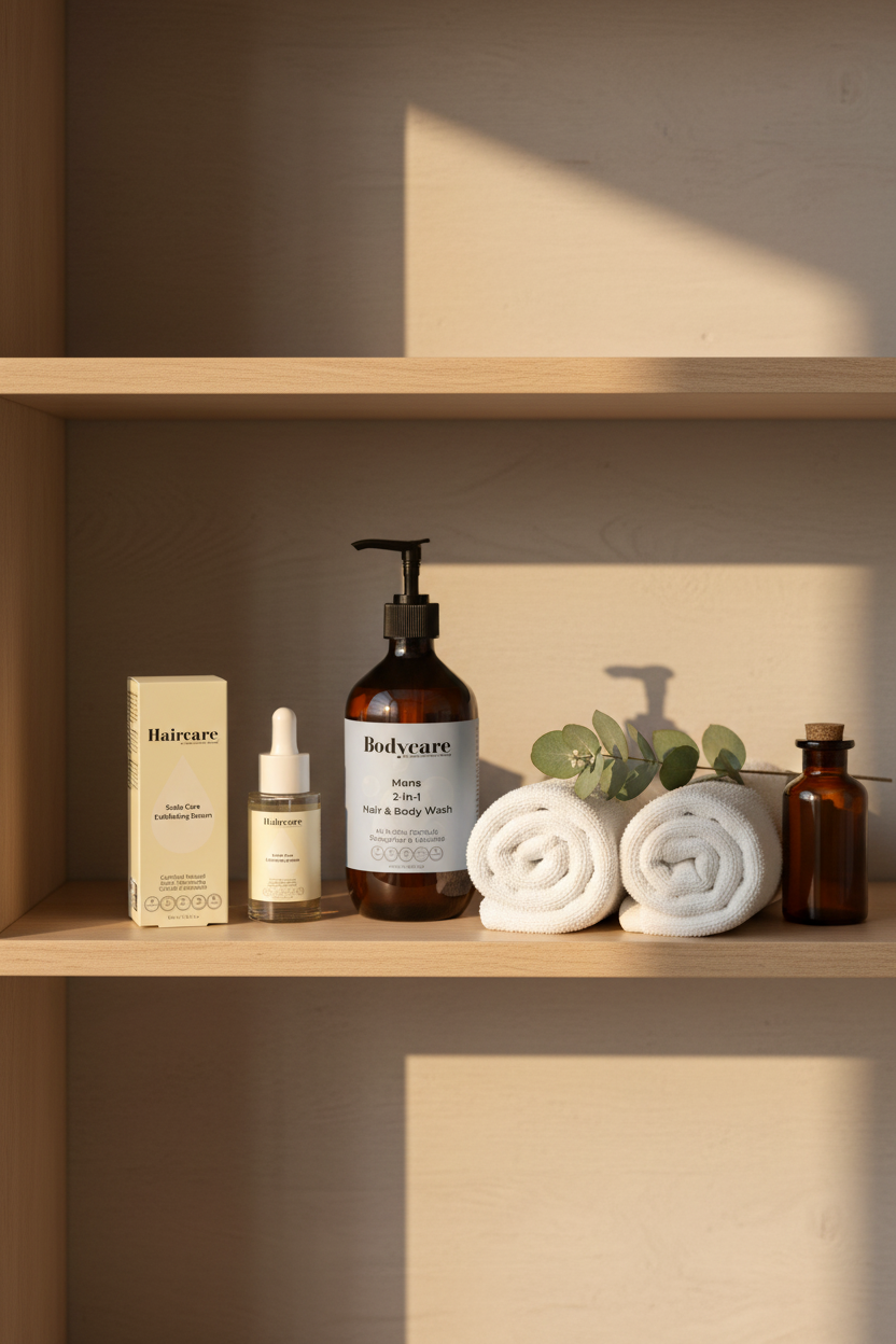 Scalp Care Exfoliating Serum and Mens 2-In-1 Hair & Body Wash styled on open bathroom shelving with rolled towels and eucalyptus — premium men's scalp care bundle by Daily Health & Beauty