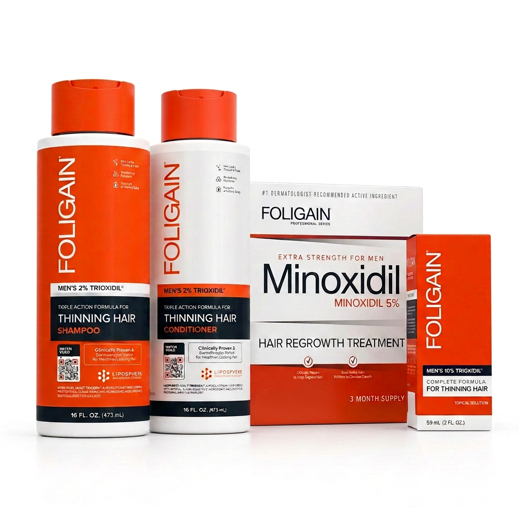 FOLIGAIN men's shampoo and conditioner bottles beside closed boxes of 5% minoxidil three-month supply and 10% TRIOXIDIL Complete Formula.