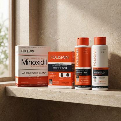 FOLIGAIN men's minoxidil, TRIOXIDIL, shampoo and conditioner bundle arranged on a neutral bathroom shelf.