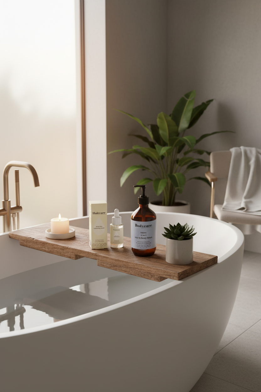 Scalp Care Exfoliating Serum and Mens 2-In-1 Hair & Body Wash on a tray across a freestanding soaking tub with a candle and plant — men's scalp treatment and grooming bundle by Daily Health & Beauty