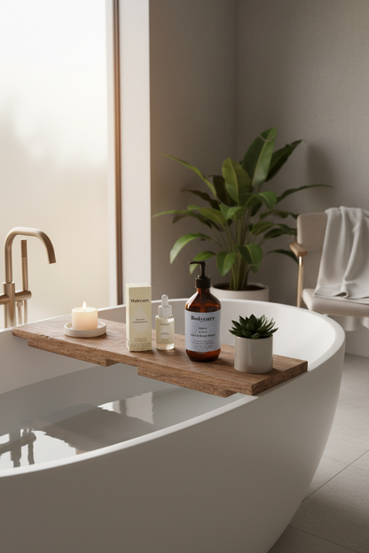 Scalp Care Exfoliating Serum and Mens 2-In-1 Hair & Body Wash on a tray across a freestanding soaking tub with a candle and plant — men's scalp treatment and grooming bundle by Daily Health & Beauty