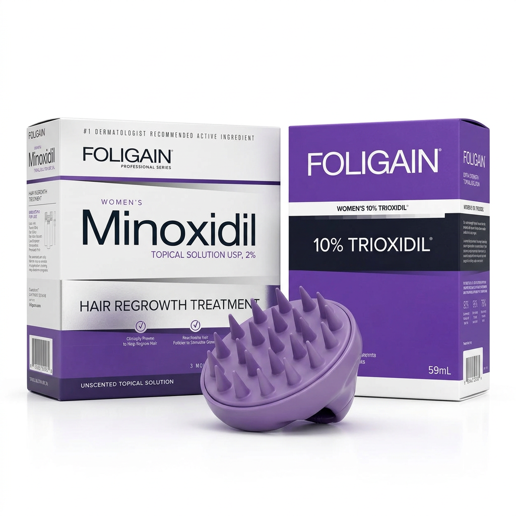FOLIGAIN women's 2% minoxidil and 10% TRIOXIDIL closed cartons with a purple silicone scalp massager.