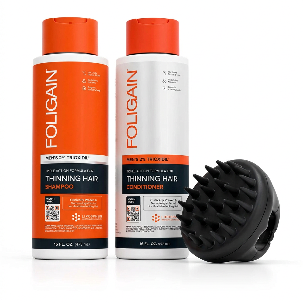 FOLIGAIN men's 473 mL TRIOXIDIL shampoo and conditioner beside a black silicone scalp massager with bristles visible.