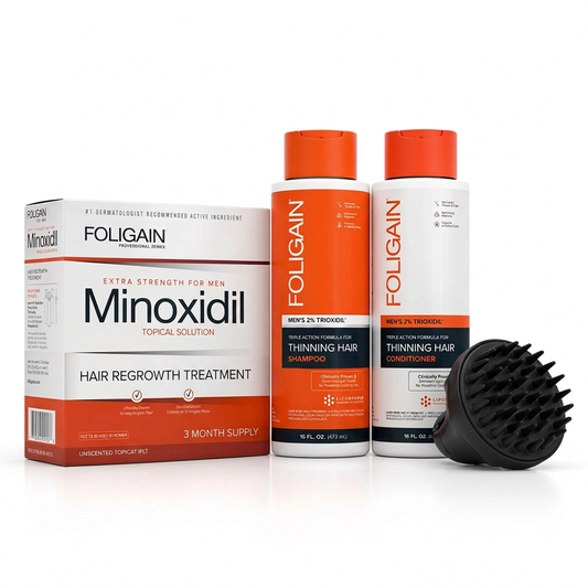 FOLIGAIN men's scalp care bundle with boxed three-month minoxidil supply, 473 mL shampoo and conditioner, and black silicone massager.