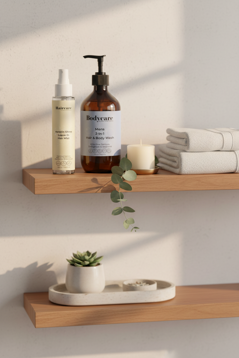 Keratin Shine Leave-In Hair Mist and Mens 2-In-1 Hair & Body Wash styled on floating bathroom shelves with a candle and eucalyptus — premium men's keratin shine bundle by Daily Health & Beauty