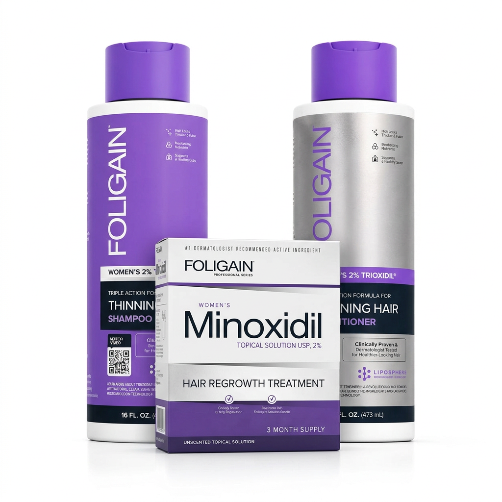 FOLIGAIN women's purple shampoo and silver conditioner behind a closed women's 2% minoxidil three-month supply carton.