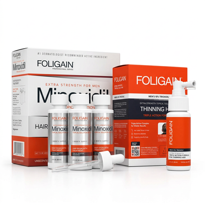 FOLIGAIN men's minoxidil and TRIOXIDIL duo showing both retail boxes, three minoxidil bottles, a dropper and one TRIOXIDIL spray bottle.