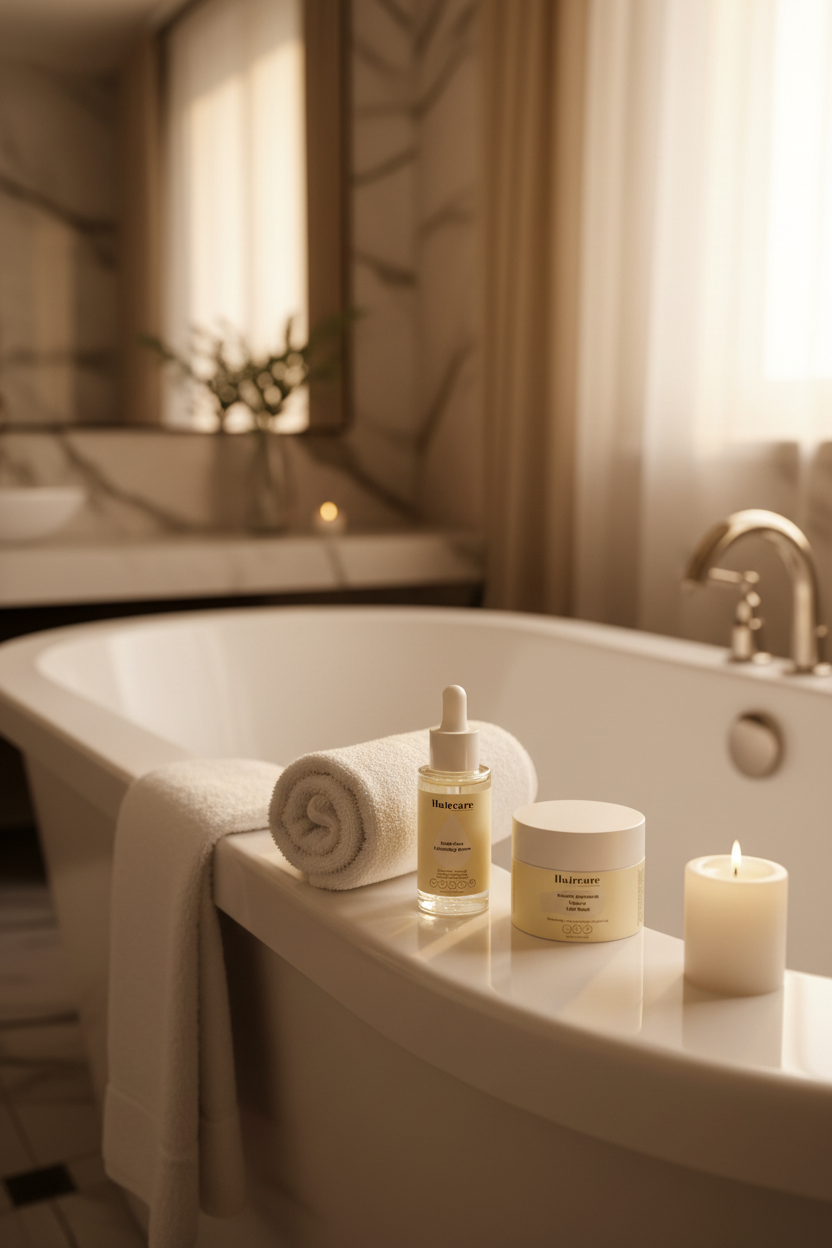 Scalp Care Exfoliating Serum and Keratin Hair Mask on the edge of a freestanding bathtub with a rolled towel and candle — scalp reset and hair rescue bundle by Daily Health & Beauty