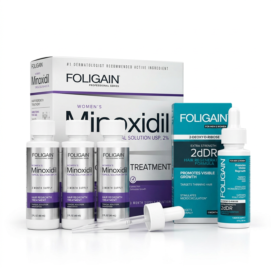 FOLIGAIN women's duo contents showing three minoxidil bottles, a loose dropper, minoxidil carton and teal 2dDR serum with its carton.