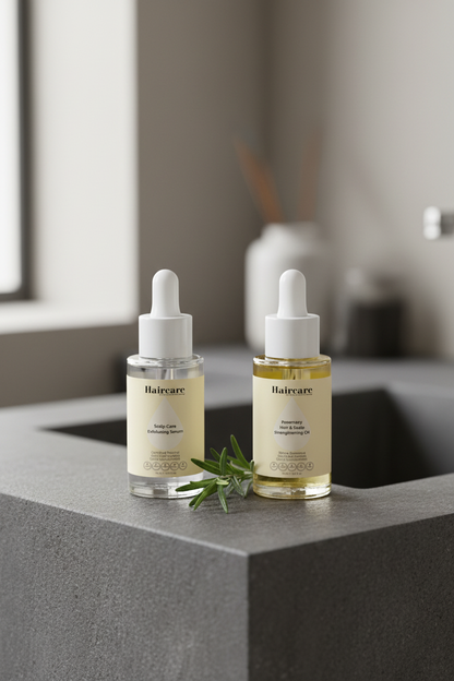 Scalp Care Exfoliating Serum and Rosemary Hair & Scalp Strengthening Oil side by side on a dark stone bathroom counter with a fresh rosemary sprig — scalp exfoliation and nourishment bundle by Daily Health & Beauty