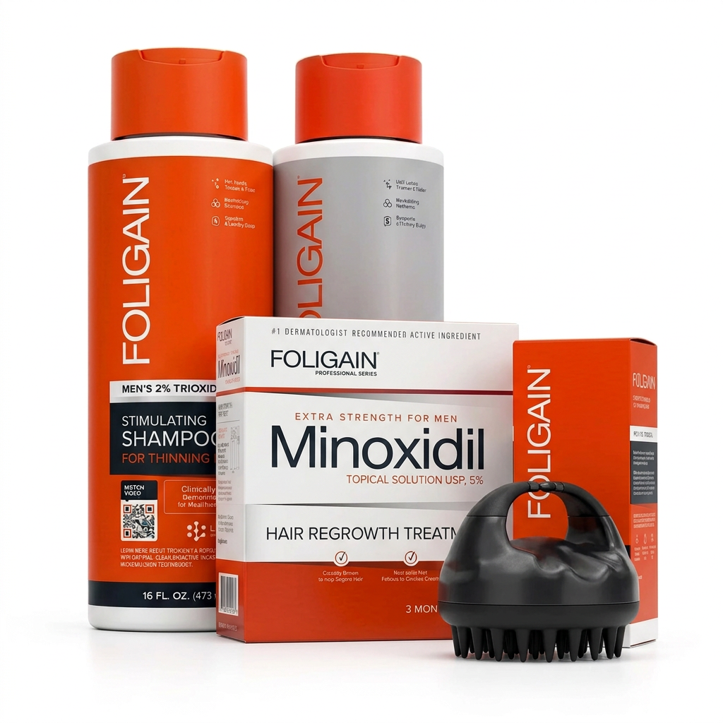 FOLIGAIN men's complete scalp care bundle with shampoo and conditioner behind minoxidil and TRIOXIDIL boxes, and a black scalp massager in front.