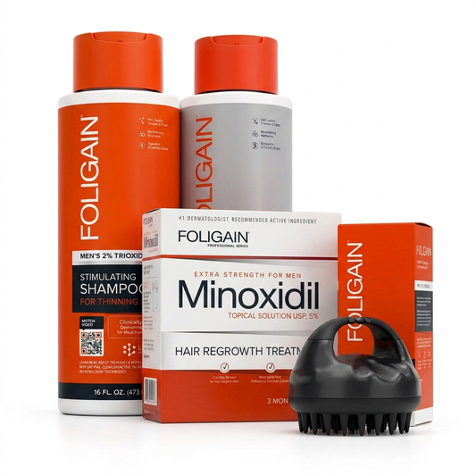FOLIGAIN men's complete scalp care bundle with shampoo and conditioner behind minoxidil and TRIOXIDIL boxes, and a black scalp massager in front.