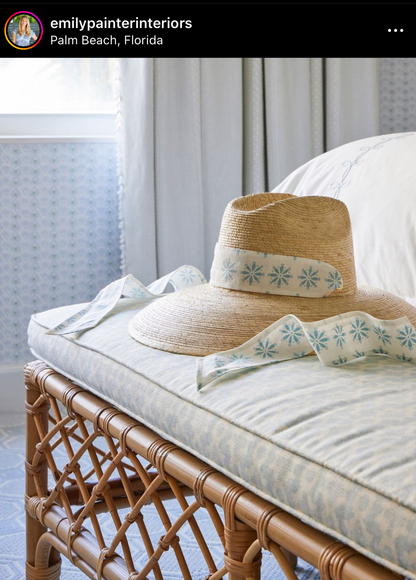 Hollyhock Sun Hat - Long & Thin Blue Gingham Ribbon with Wood Nautical Toggle