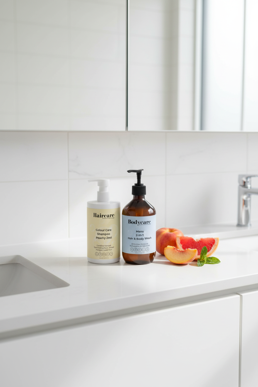 Colour Care Shampoo and Mens 2-in-1 Hair & Body Wash on a wide bathroom vanity counter with peach and grapefruit slice — colour protection and all-in-one grooming bundle by Daily Health & Beauty