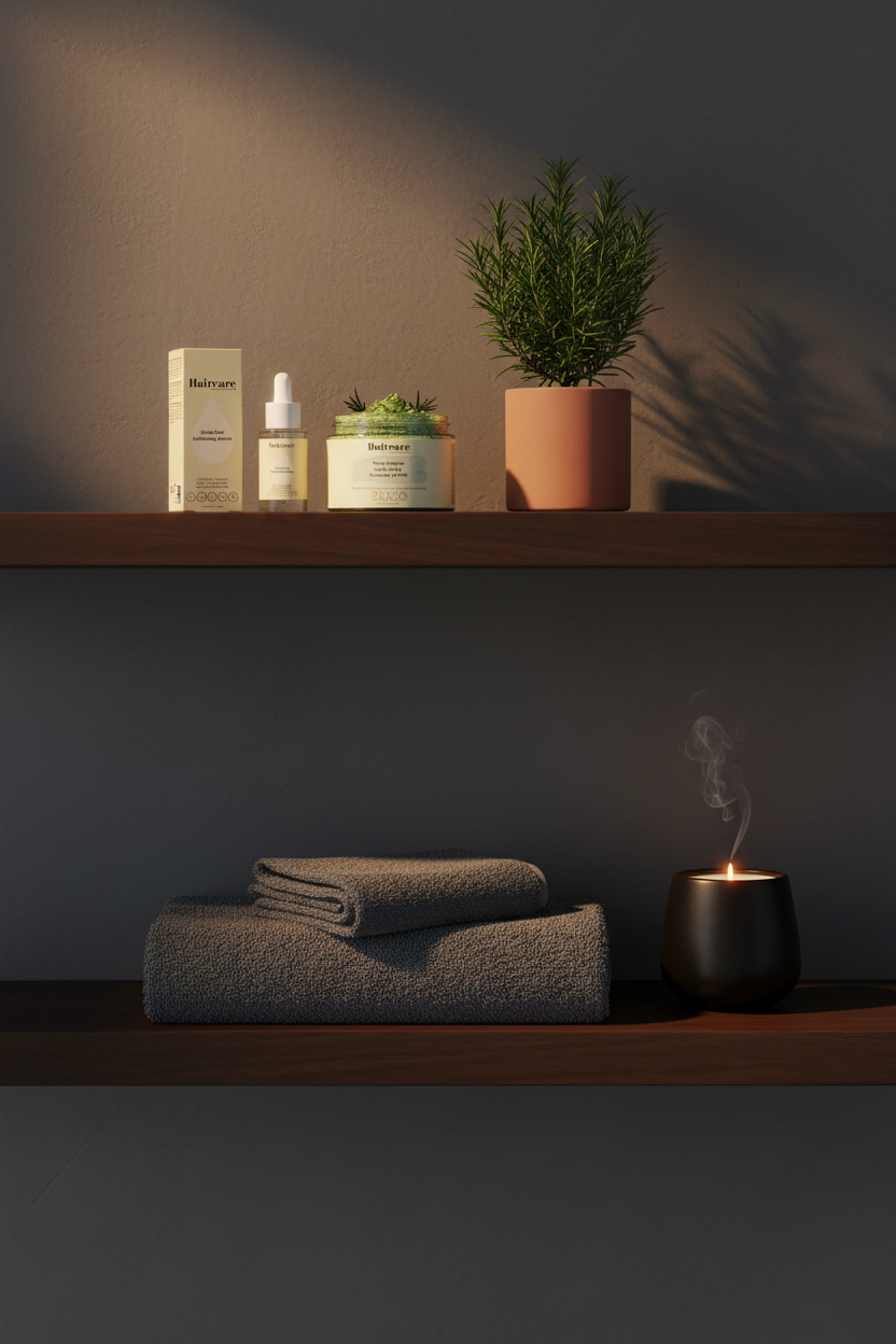 Scalp Care Exfoliating Serum and Deep Cleanse Scalp Scrub Rosemary & Mint styled on dark wood bathroom shelving with a potted herb and candle — premium scalp care bundle by Daily Health & Beauty