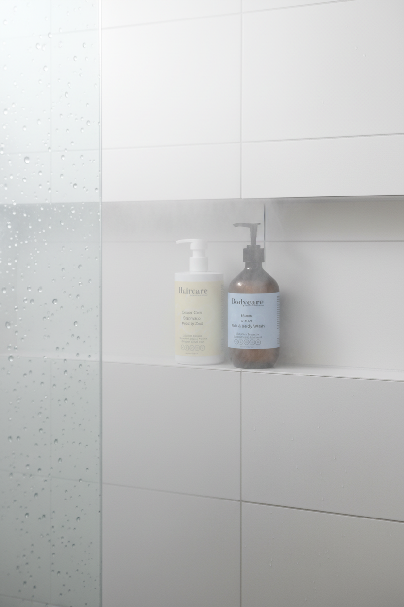 Colour Care Shampoo Peachy Grapefruit Zest and Mens 2-in-1 Hair & Body Wash on a white tile shower niche shelf with steam — shared bathroom hair care bundle by Daily Health & Beauty