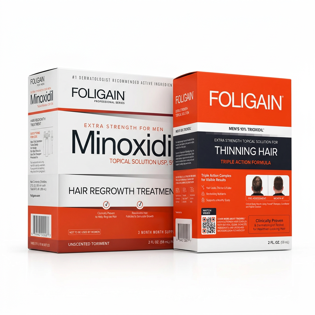 FOLIGAIN men's 5% minoxidil three-month supply retail box beside the men's 10% TRIOXIDIL Complete Formula retail box, with no loose bottles displayed.