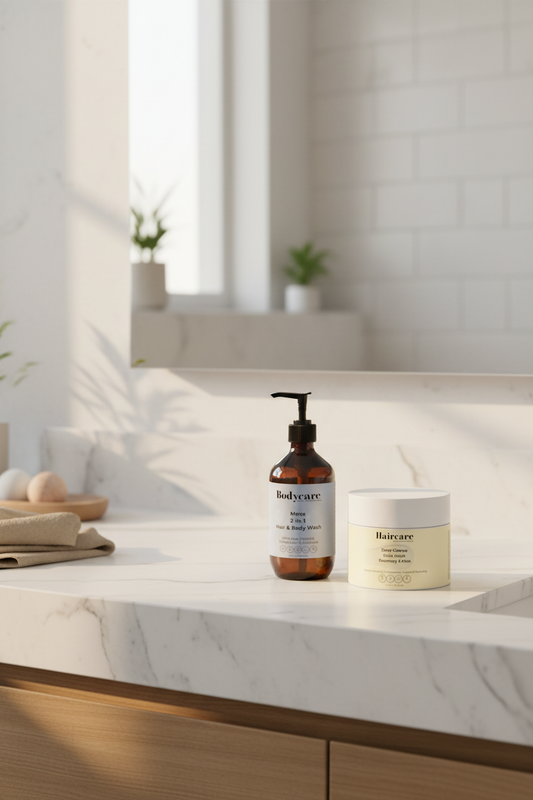 Deep Cleanse Scalp Scrub Rosemary & Mint and Mens 2-In-1 Hair & Body Wash bundle arranged on a marble bathroom counter — men's scalp detox and daily cleansing set by Daily Health & Beauty