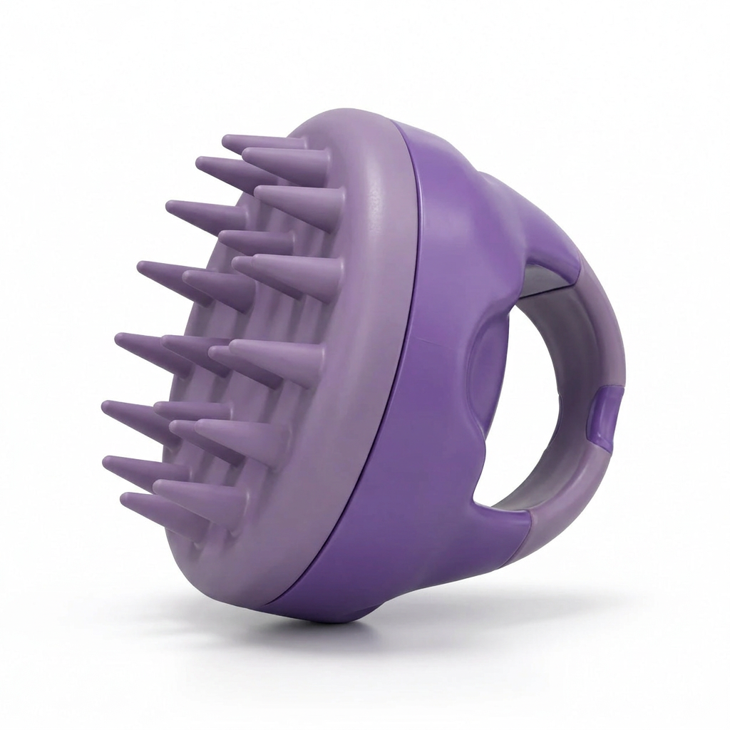 Close-up of the purple FOLIGAIN silicone scalp massager showing its conical bristles and curved finger grip.