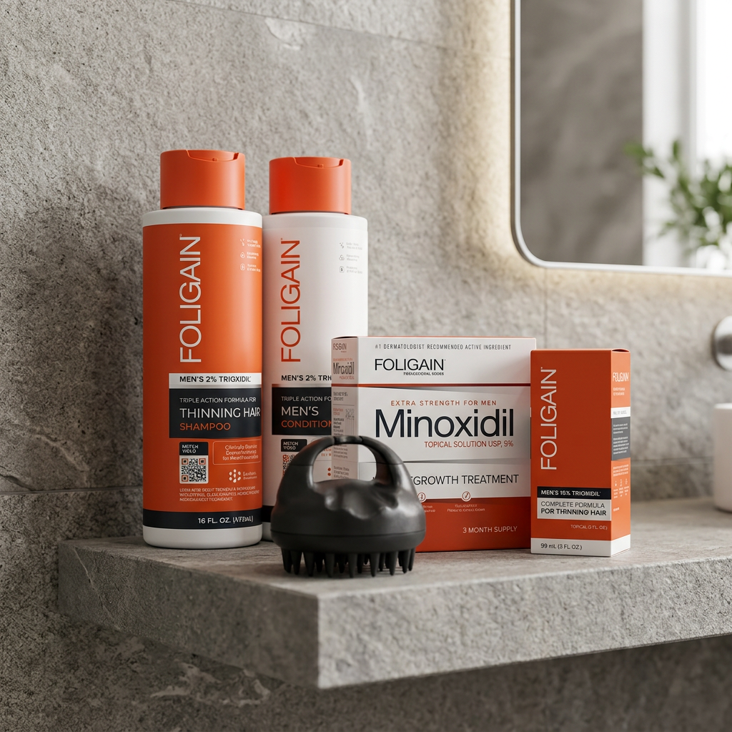 FOLIGAIN men's shampoo, conditioner, boxed minoxidil, boxed TRIOXIDIL and black silicone massager arranged on a stone bathroom shelf.