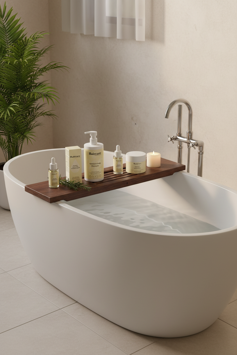 Scalp Care Exfoliating Serum, Sensitive Scalp Shampoo, Rosemary Oil and Scalp Scrub on a wooden tray across a freestanding bathtub with a candle and rosemary — ultimate scalp care system by Daily Health & Beauty