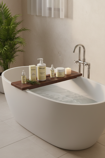 Scalp Care Exfoliating Serum, Sensitive Scalp Shampoo, Rosemary Oil and Scalp Scrub on a wooden tray across a freestanding bathtub with a candle and rosemary — ultimate scalp care system by Daily Health & Beauty