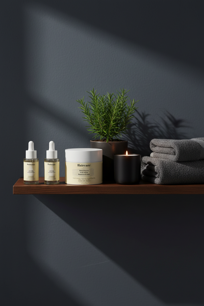 Scalp Care Exfoliating Serum, Deep Cleanse Scalp Scrub and Rosemary Hair Oil on dark wood bathroom shelving with a potted rosemary plant and candle — premium scalp care trio by Daily Health & Beauty