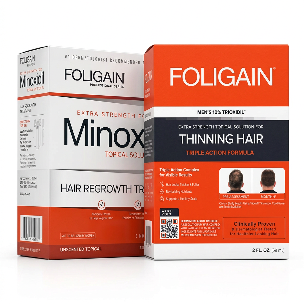 Closed cartons of FOLIGAIN men's 5% minoxidil three-month supply and men's 10% TRIOXIDIL Complete Formula.