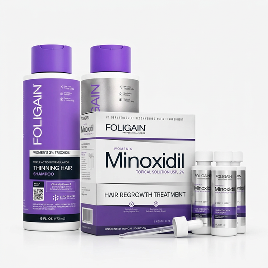 FOLIGAIN women's shampoo and conditioner bundle with minoxidil carton, three treatment bottles and dropper.