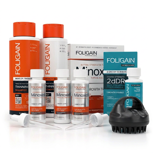 FOLIGAIN men's bundle showing three minoxidil bottles, teal 2dDR serum bottle, both cartons, shampoo, conditioner, two droppers and black scalp massager.