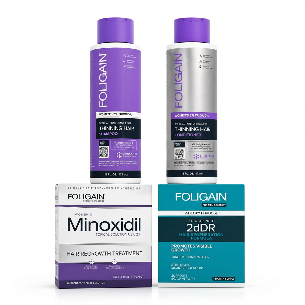 FOLIGAIN women's minoxidil and 2dDR hair care bundle with purple shampoo and silver conditioner behind two treatment cartons.